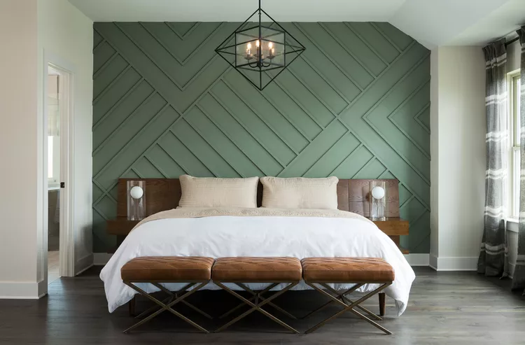 45 Elegant Sage Green Bedroom Ideas for a Soothing Ambiance 105 45 Elegant Sage Green Bedroom Ideas for a Soothing Ambiance Geometric Board and Batten Feature Wall