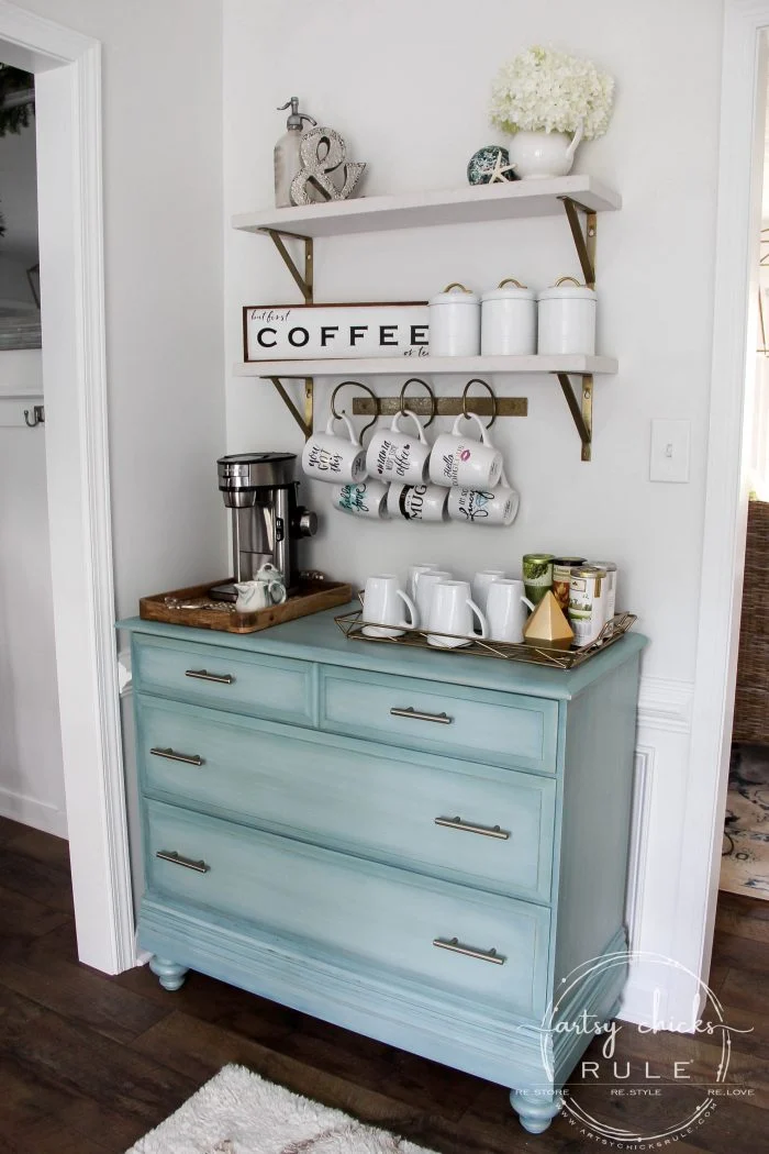 40 Coffee Bar Ideas to Espresso Your Style at Home 38 40 Coffee Bar Ideas to Espresso Your Style at Home Coffee Bar Aqua Dresser 4 artsychicksrule coffee bar ideas